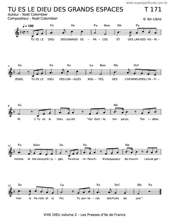 Partitura da música Tu Es Le Dieu Des Grands Espaces