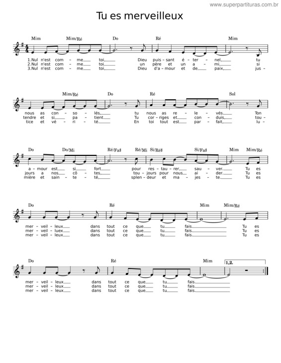 Partitura da música Tu Es Merveilleux v.2