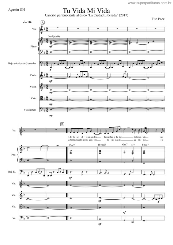Partitura da música Tu Vida Mi Vida – Fito Páez – Agustín Gh.Mscz