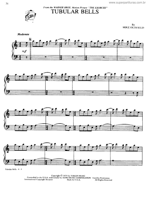 Partitura da música Tubular Bells