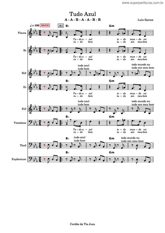 Partitura da música Tudo Azul – Lulu Santos