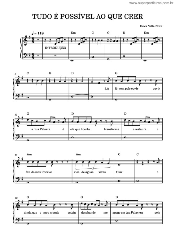 Partitura da música Tudo É Possível Ao Que Crer – Erick Villa Nova v.2