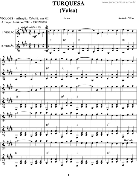 Partitura da música Turquesa