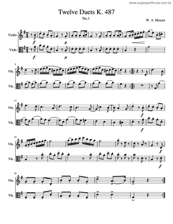 Partitura da música Twelve Duets K. 487 No. 1