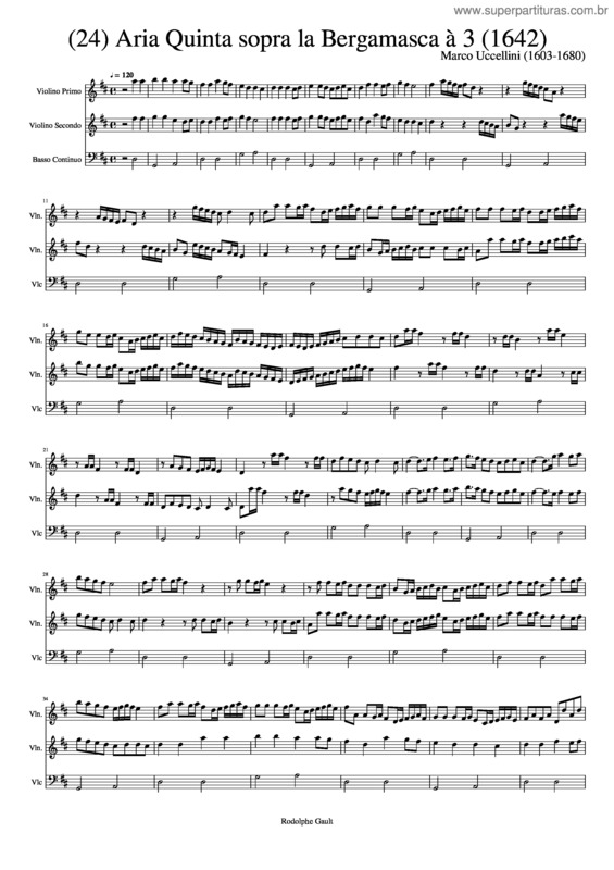 Partitura da música Uccellini 24  Aria Quinta Sopra La Bergamasca À 3  1642