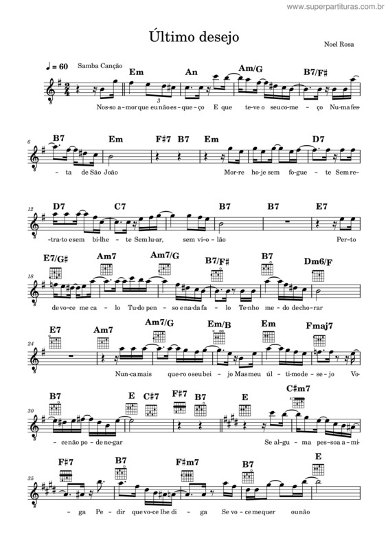 Partitura da música Último Desejo – Noel Rosa – Em
