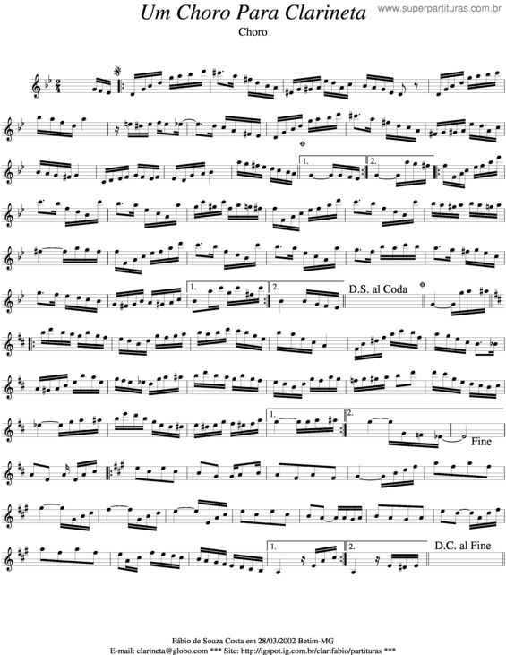 Partitura da música Um Chori Para Clarineta