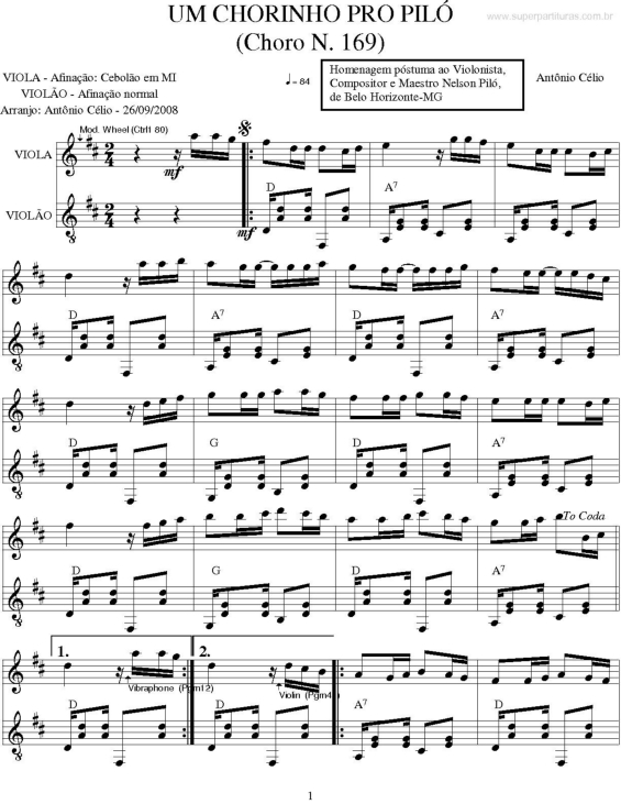 Partitura da música Um Chorinho pro Piló