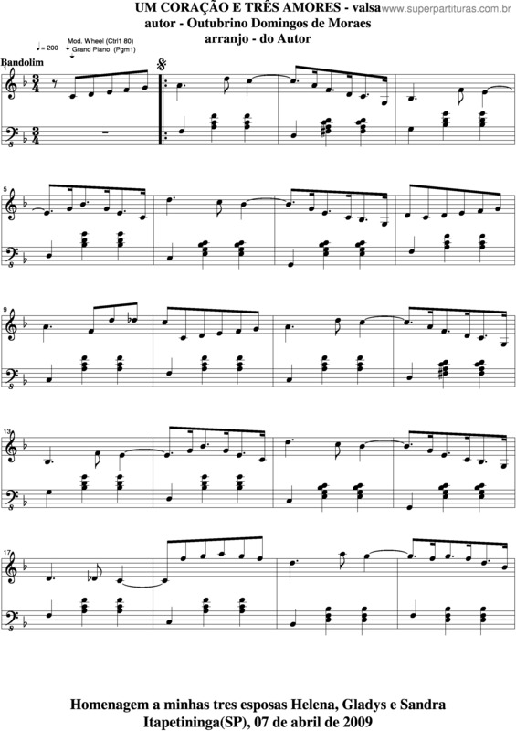 Partitura da música Um Coração E Três Amores v.2