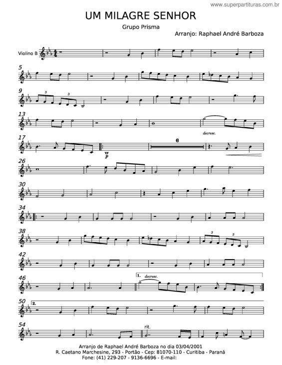 Partitura da música Um Milagre Senhor – Prisma Brasil v.3