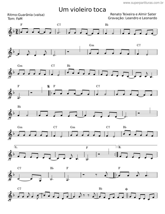Partitura da música Um Violeiro Toca – Renato Teixeira