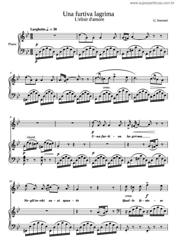Partitura da música Una Furtiva Lagrima – Donizetti