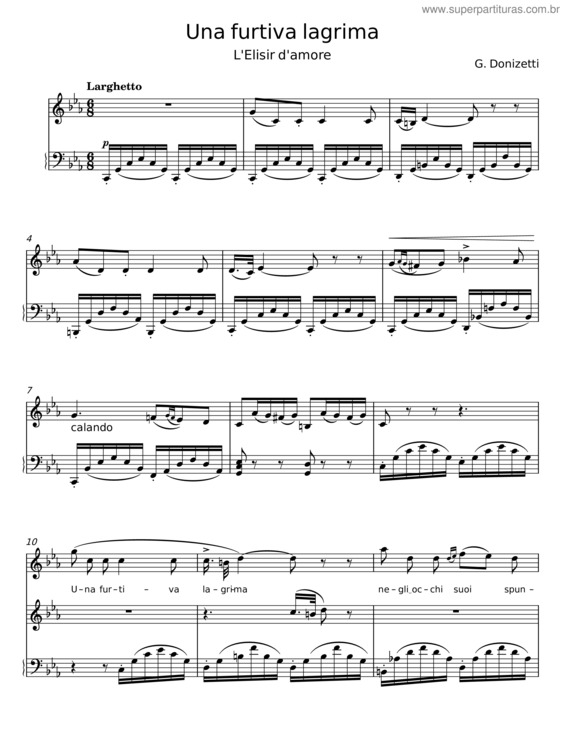 Partitura da música Una Furtiva Lagrima – G. Donizetti