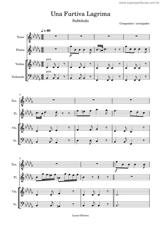 Partitura da música Una Furtiva Lagrima – Gaetano Donizetti v.2