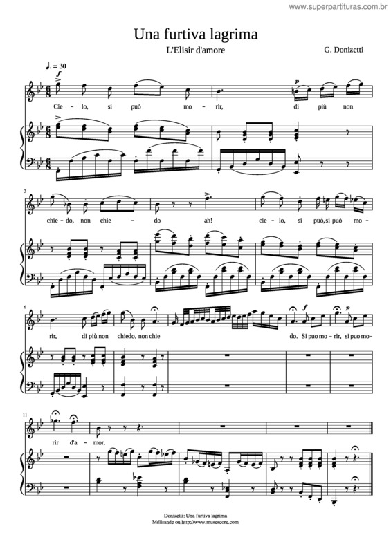 Partitura da música Una Furtiva Lagrima – Gaetano Donizetti