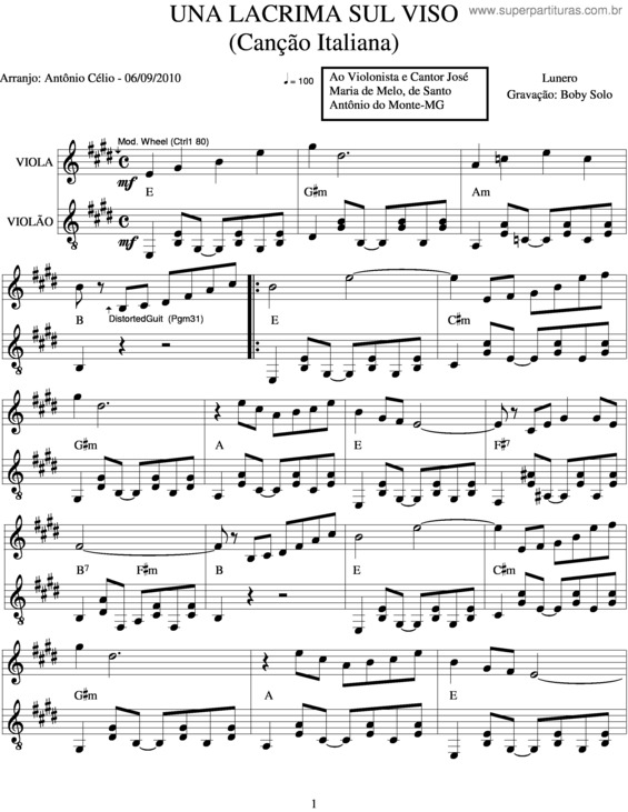 Partitura da música Una Lacrima Sul Viso