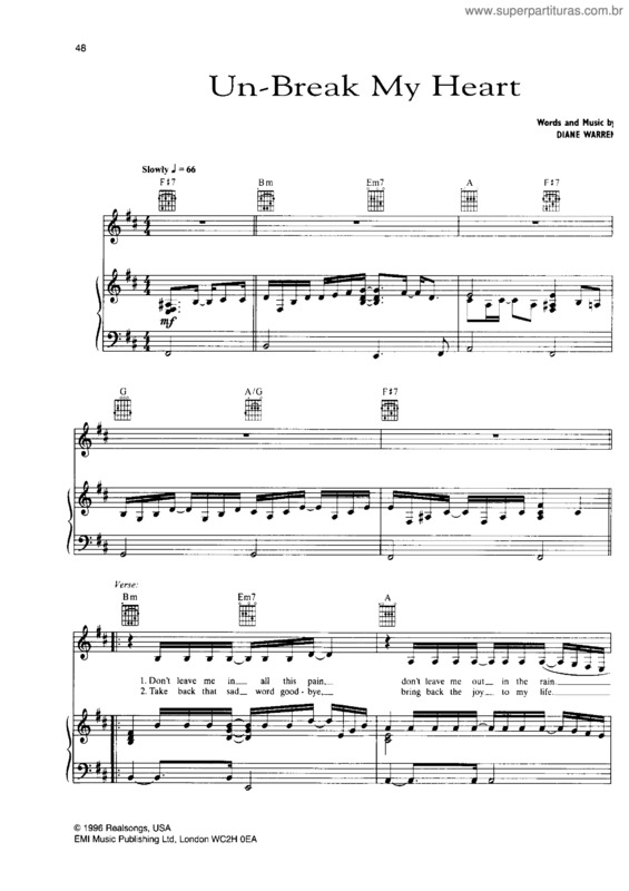 Partitura da música Unbreak My Heart v.2