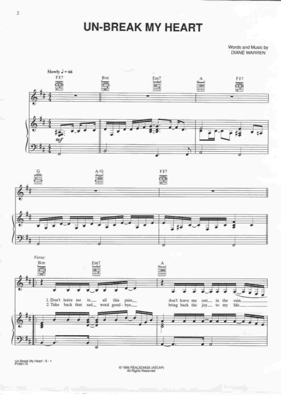 Partitura da música Unbreak My Heart v.6