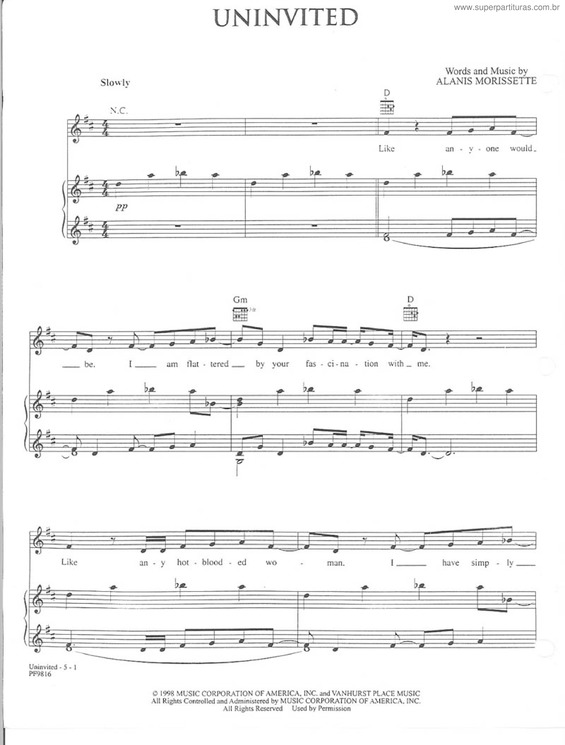 Partitura da música Uninvited