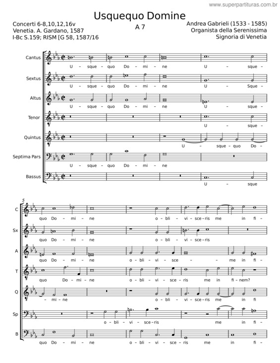 Partitura da música Usquequo Domine – Andrea Gabrieli