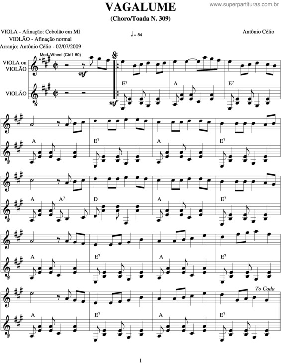 Partitura da música Vagalume