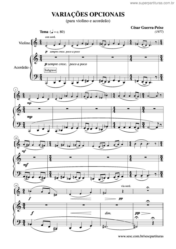 Partitura da música Variações opcionais