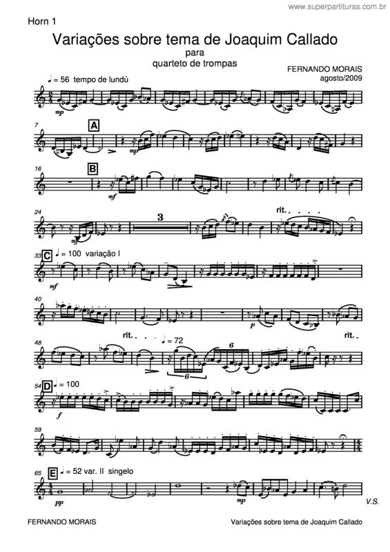 Partitura da música Variações sobre tema de Joaquim Callado v.2