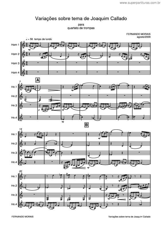 Partitura da música Variações sobre tema de Joaquim Callado