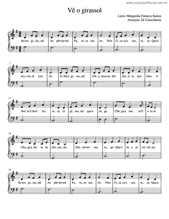 Partitura da música Vê O Girassol – Margarida Fonseca Santos