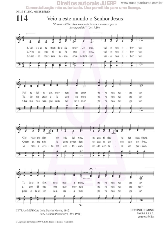 Partitura da música Veio A Este Mundo O Senhor Jesus - 114 HCC v.2