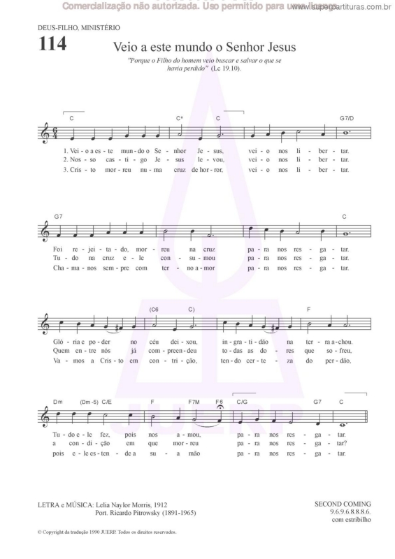 Partitura da música Veio A Este Mundo O Senhor Jesus - 114 HCC