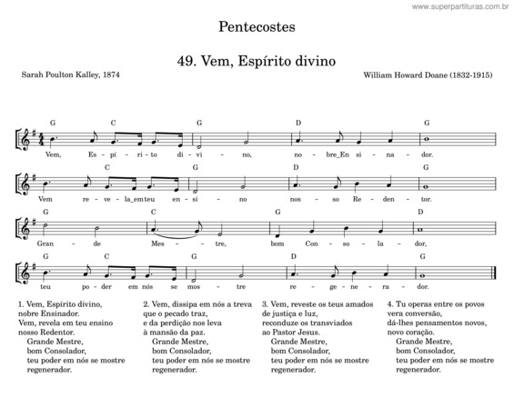 Partitura da música Vem, Espírito Divino – William Howard Doane
