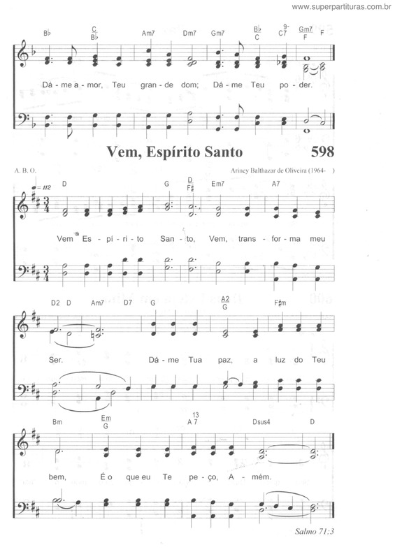 Partitura da música Vem, Espírito Santo