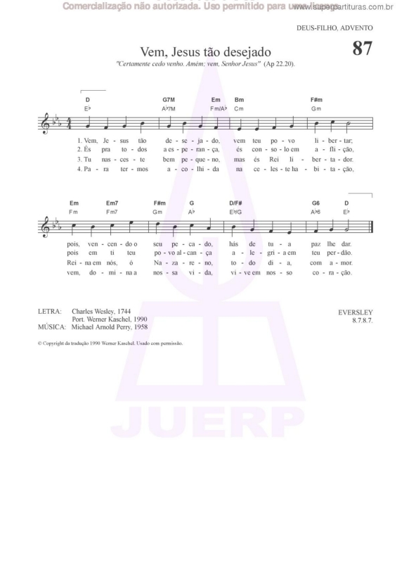 Partitura da música Vem, Jesus Tão Desejado - 87 HCC