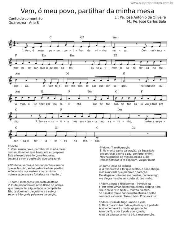 Partitura da música Vem, Ó Meu Povo, Partilhar Da Minha Mesa