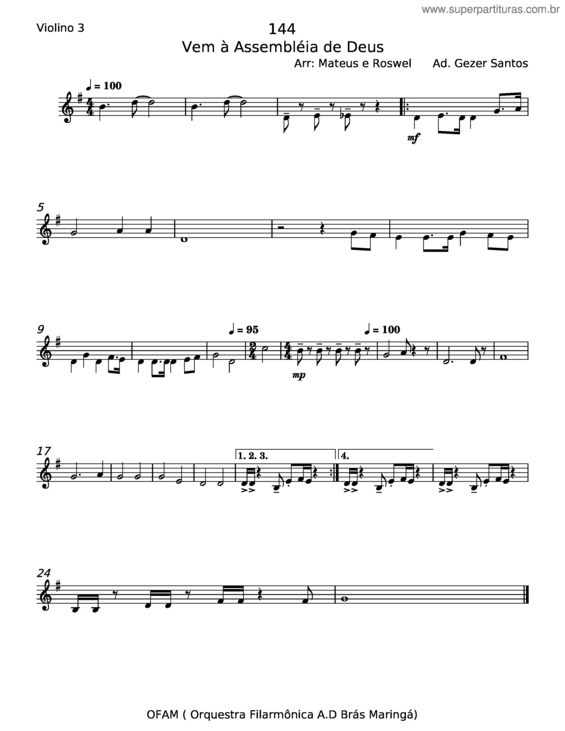 Partitura da música Vem À Assembléia De Deus – Gezer Santos