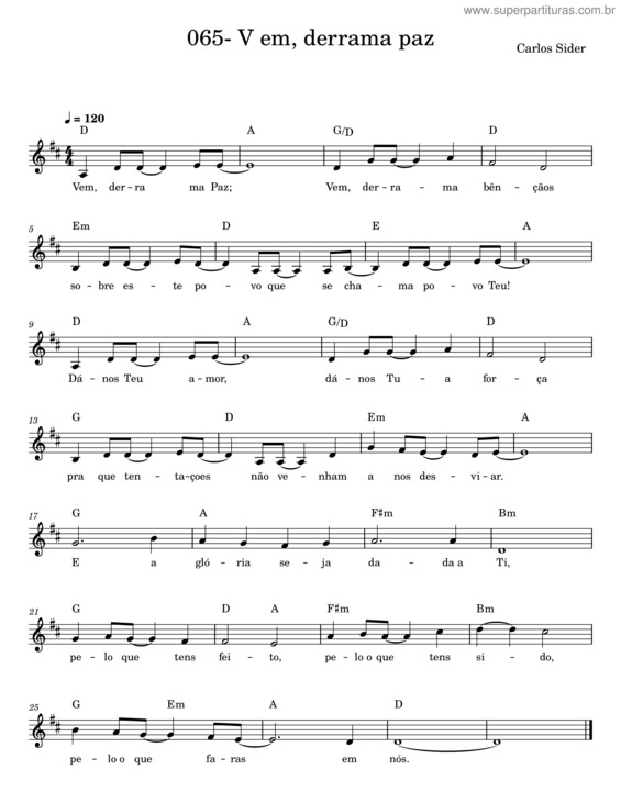 Partitura da música Vem Derrama A Paz – Carlos Sider v.2