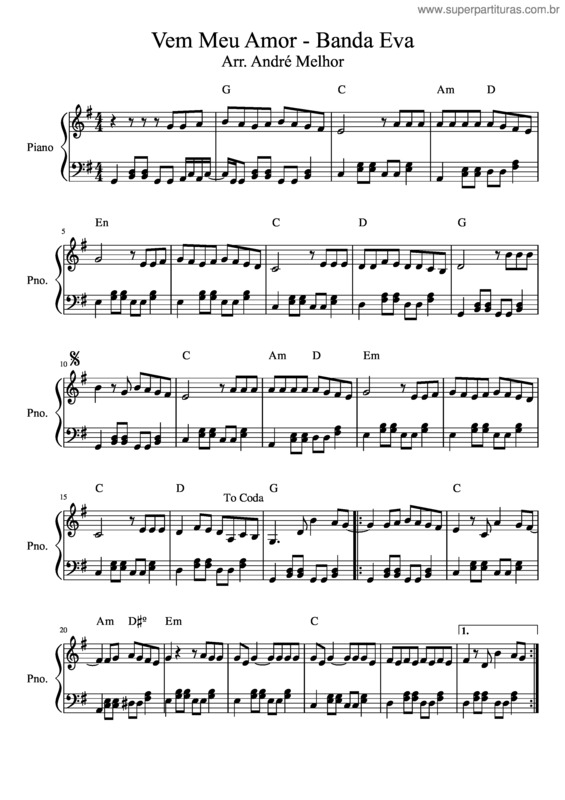 Partitura da música Vem Meu Amor – Banda Eva Arr. André Melhor