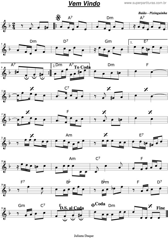 Partitura da música Vem Vindo