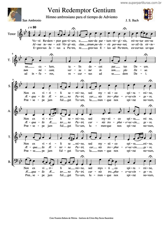 Partitura da música Veni Redepmtor Gentium – Bach