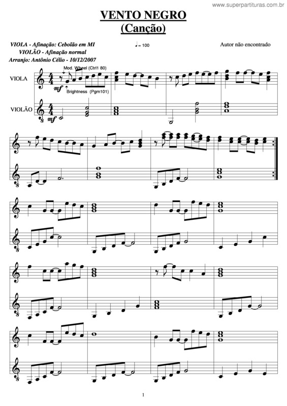 Partitura da música Vento Negro