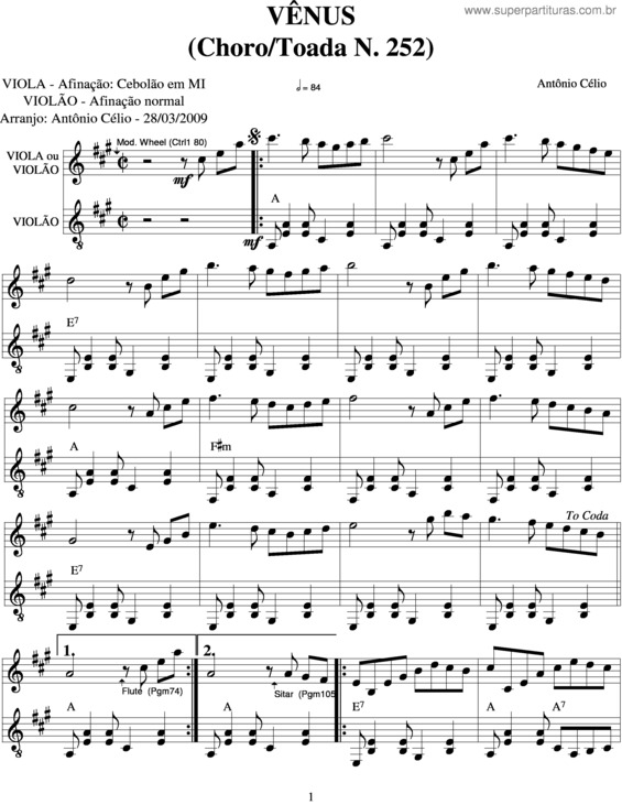 Partitura da música Vênus