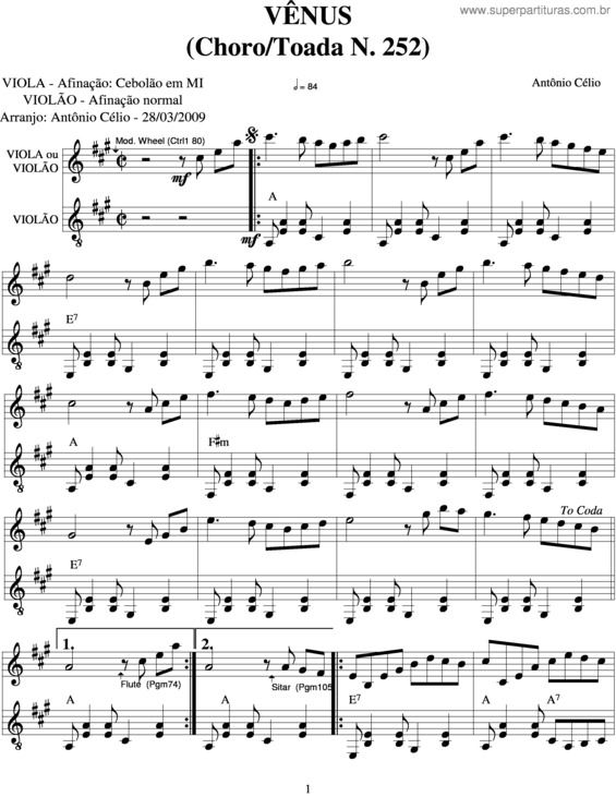 Partitura da música Vênus