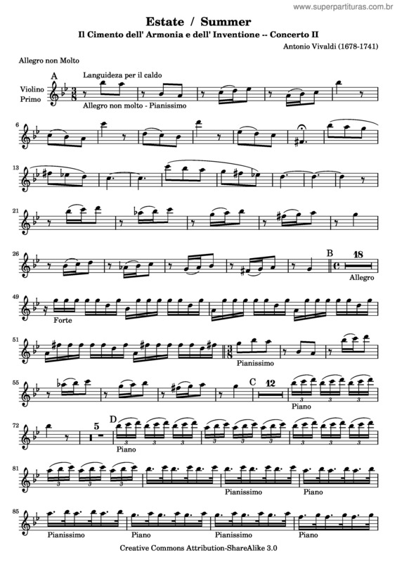 Partitura da música Verão v.4