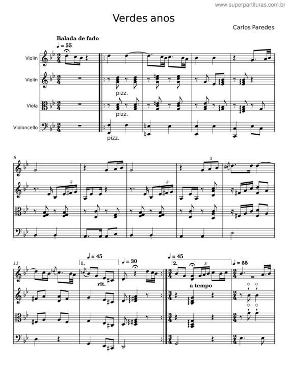 Partitura da música Verdes Anos – Carlos Paredes