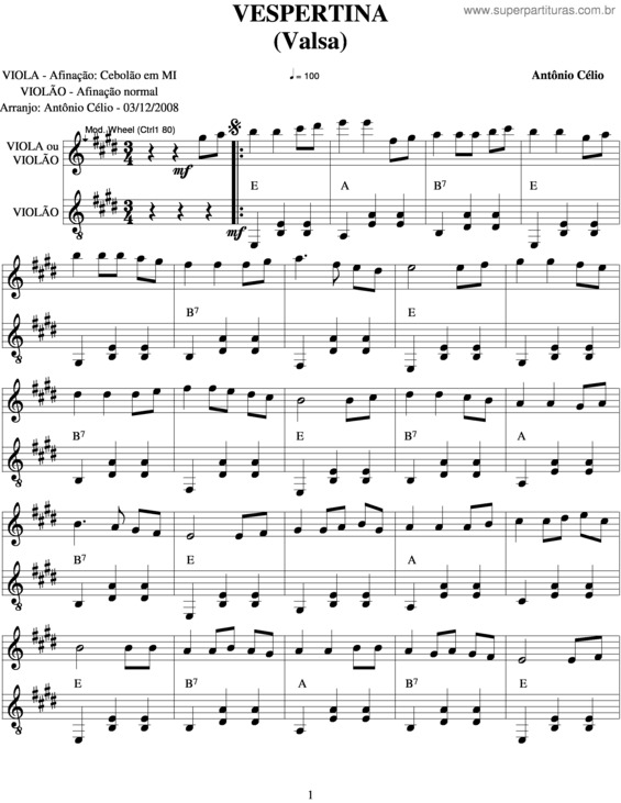 Partitura da música Vespertina