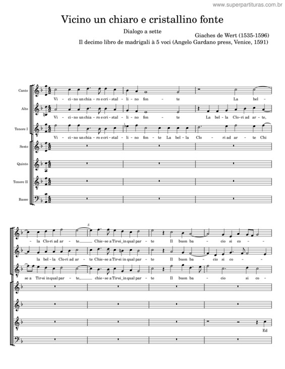 Partitura da música Vicino Un Chiaro E Cristallino Fonte – Giaches De Wert