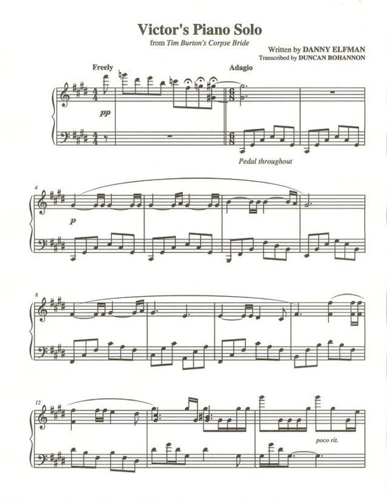 Partitura da música Victor´s Piano Solo (Filme A Noiva Cadáver)