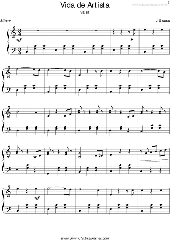 Partitura da música Vida de Artista