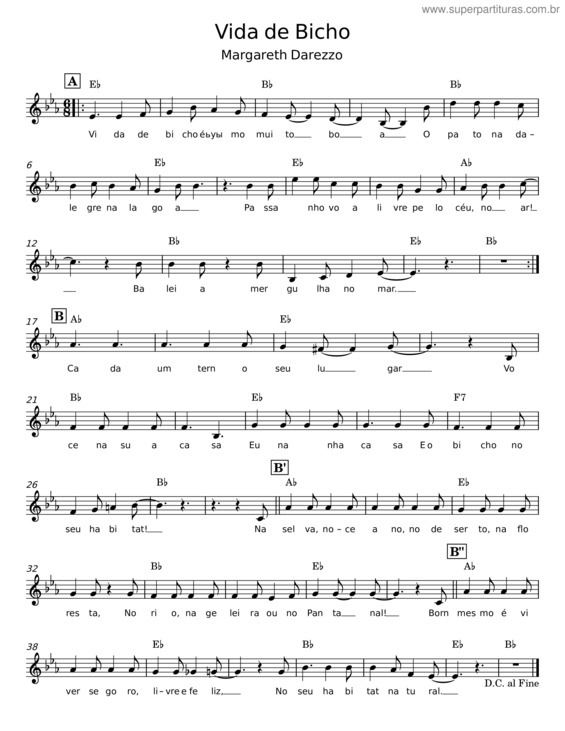 Partitura da música Vida De Bicho – Margareth Darezzo